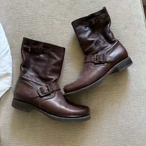Frye Dark Brown Buckle Boots